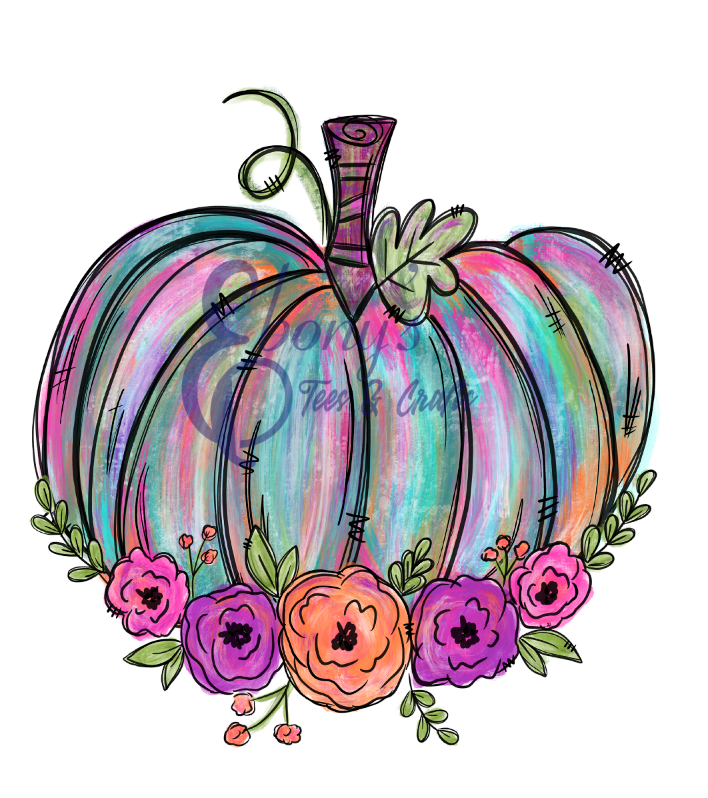 Watercolor pumpkin with flowers Transfer